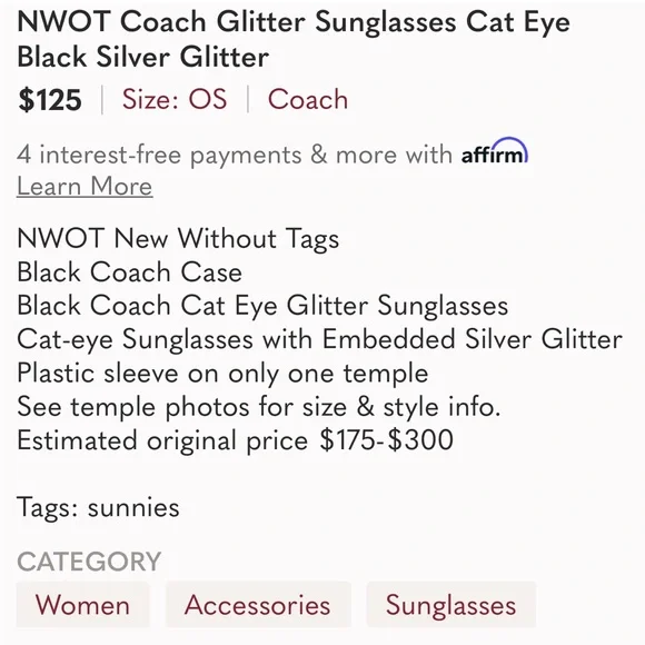 DUPLICATE LISTING FOR BUNDLE: NWOT Coach Glitter Sunglasses Cat Eye Black Silver - Picture 4 of 16